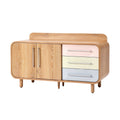 **Technische titel in het Nederlands: Moderne houten salontafel met pastel lades**