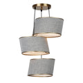 **Technische titel in het Nederlands: Moderne hanglamp met drie stoffen kappen in grijs en goud**
