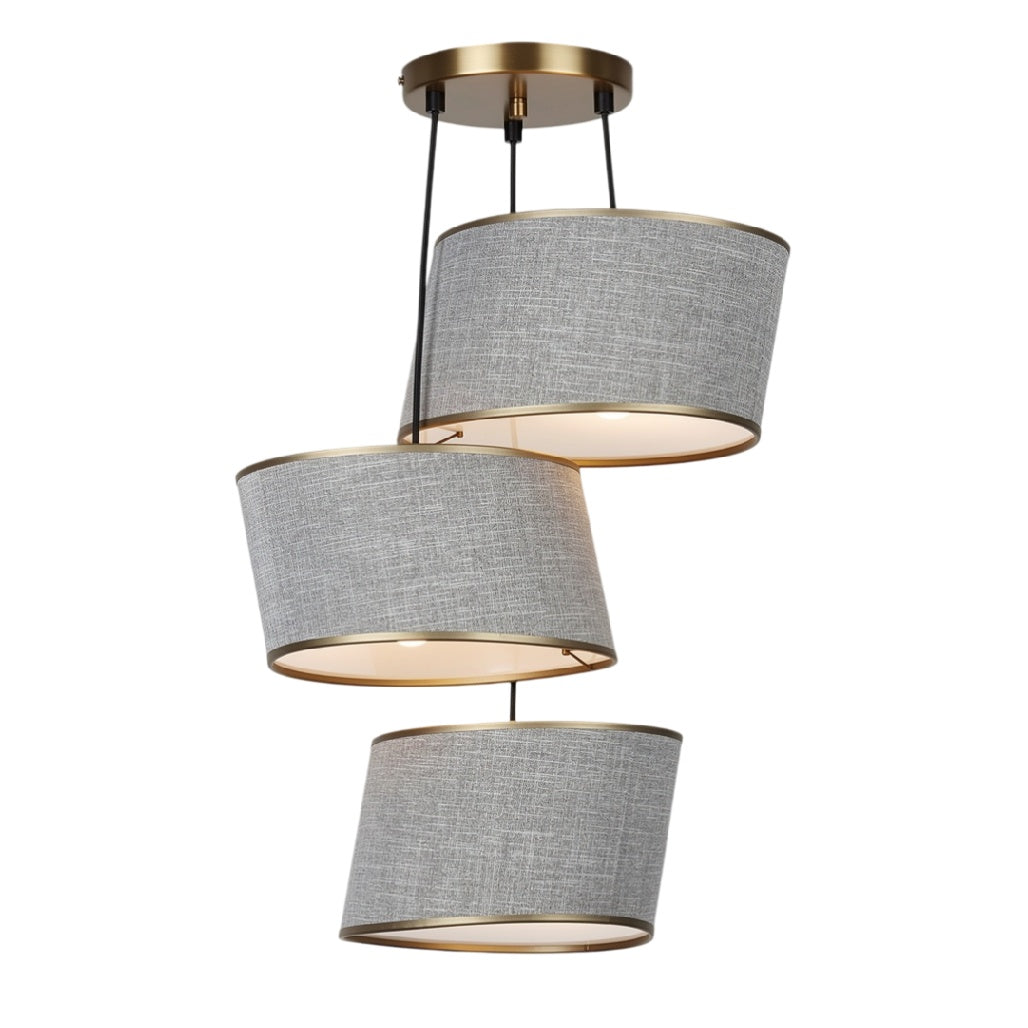 **Technische titel in het Nederlands: Moderne hanglamp met drie stoffen kappen in grijs en goud**