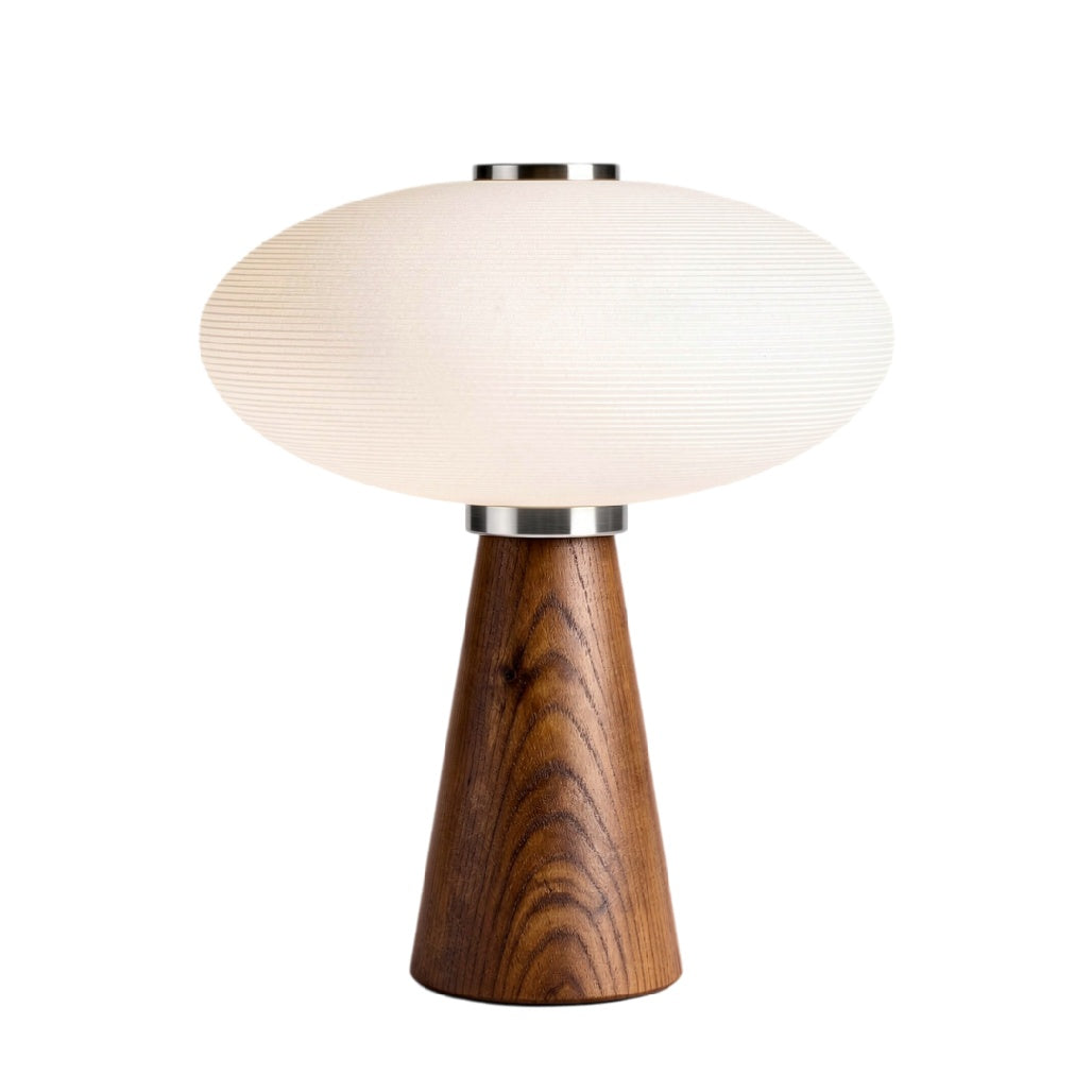 **Moderne tafel lamp met houten voet en ovale lampenkap**